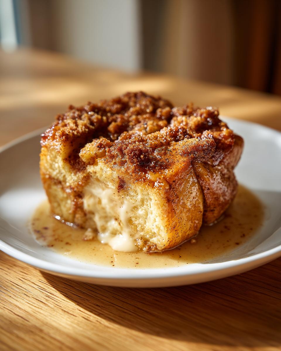 A close-up of a single serving of amazing baked french toast with a gooey center and cinnamon streusel topping.