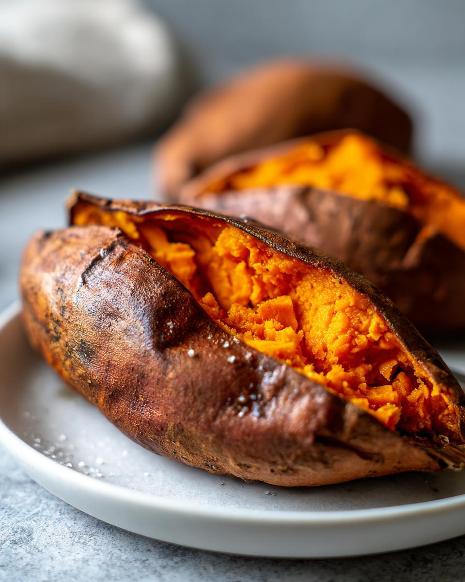 Close-up of a perfectly baked sweet potatoes split open showing the bright orange, fluffy interior, sprinkled with salt.