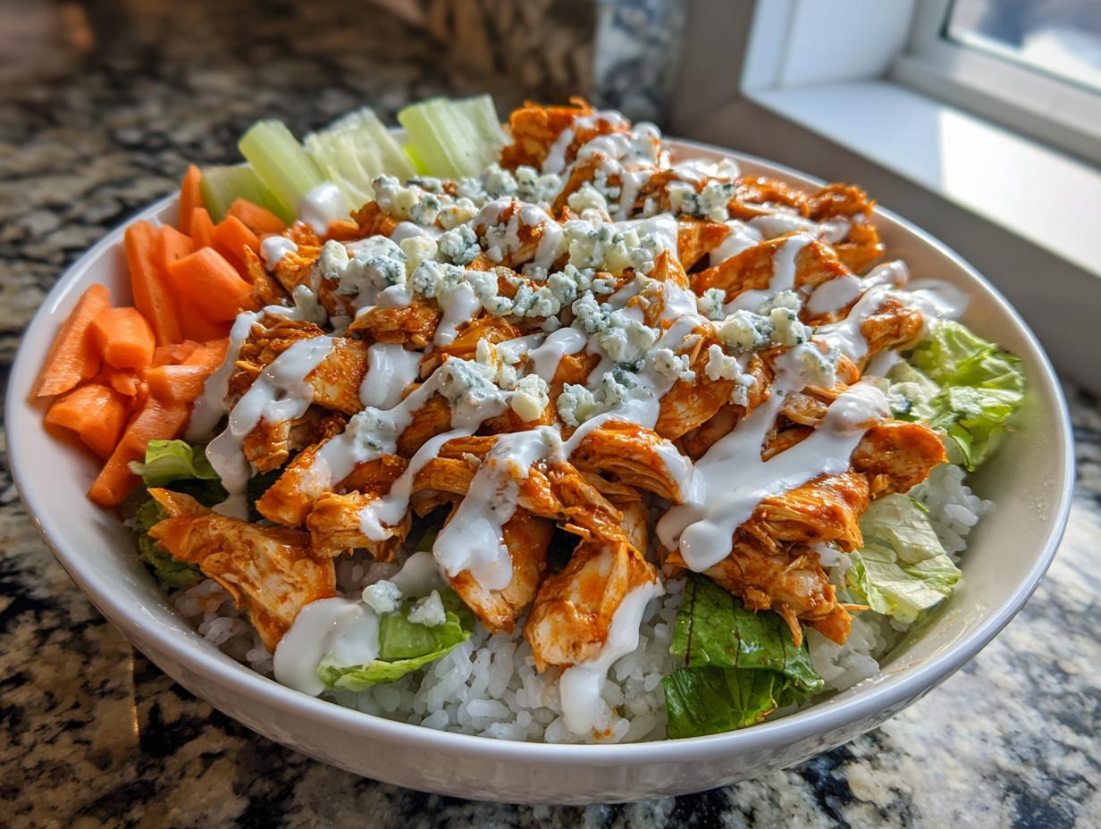 A white bowl filled with rice, topped with shredded buffalo chicken, ranch dressing, blue cheese crumbles, carrots, and celery.