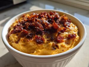 Close-up of a creamy, orange-hued caramelized onion dip topped generously with crispy bacon pieces in a white bowl.