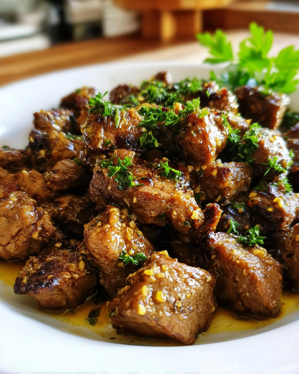 Close-up of tender, saucy crockpot steak bites seasoned with garlic and topped with fresh parsley.