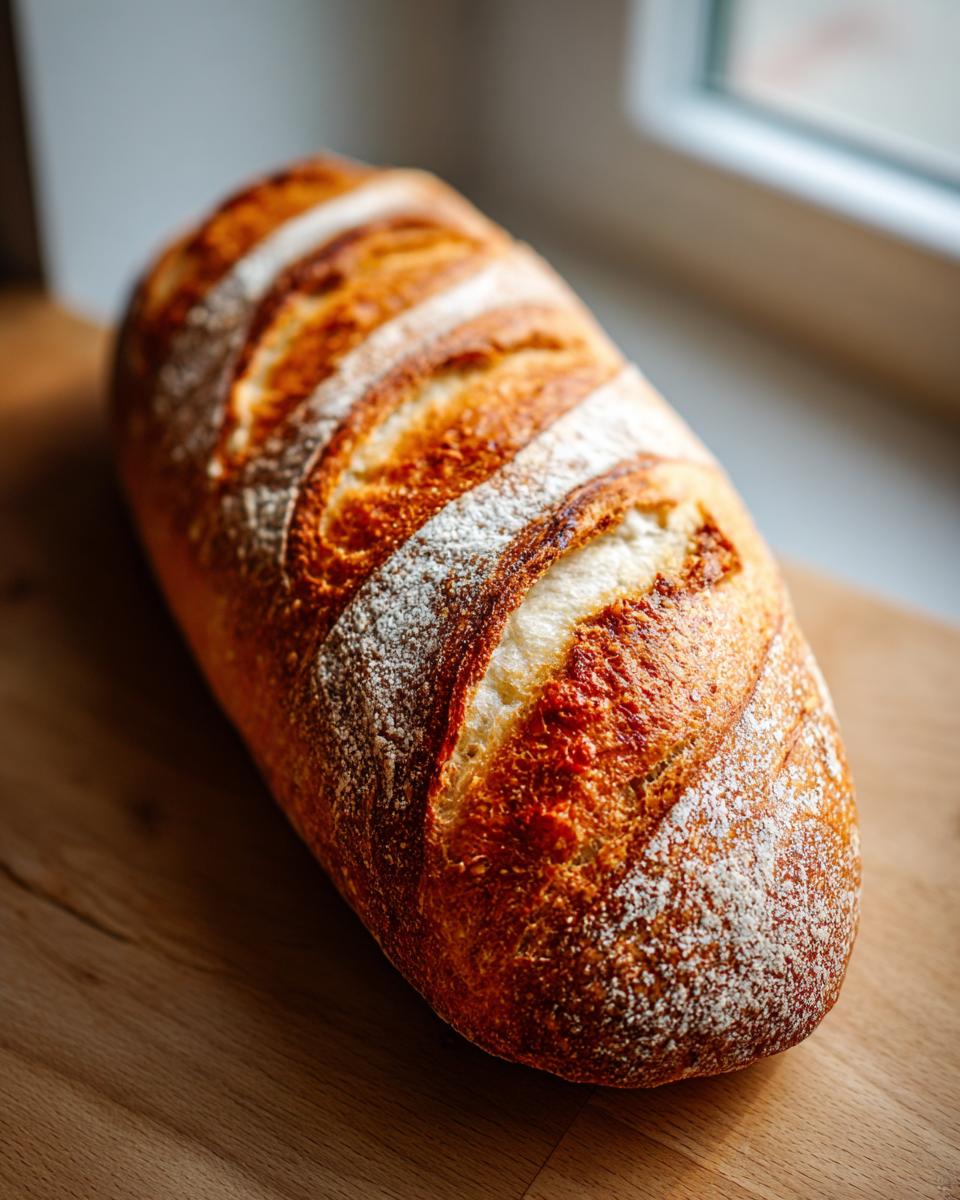 A golden-brown, freshly baked loaf of French bread resting on a wooden surface near a window.