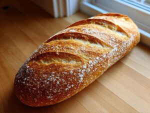 A golden-brown, freshly baked French bread loaf resting on a wooden surface near a window.
