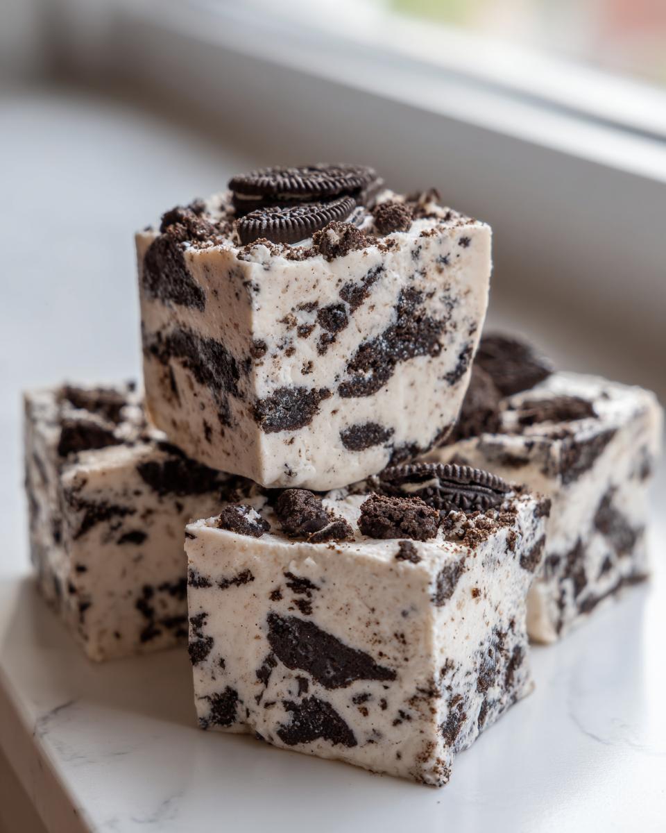Close-up of stacked, creamy white oreo fudge squares loaded with dark chocolate cookie chunks and topped with mini Oreos.
