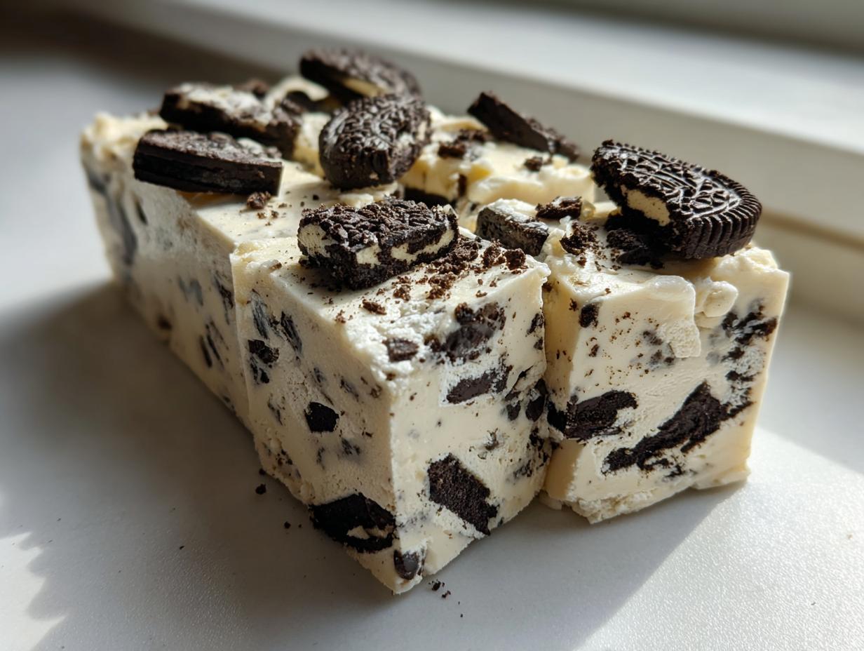 Close-up of creamy white Oreo fudge loaded with crushed chocolate cookies, topped with Oreo pieces.