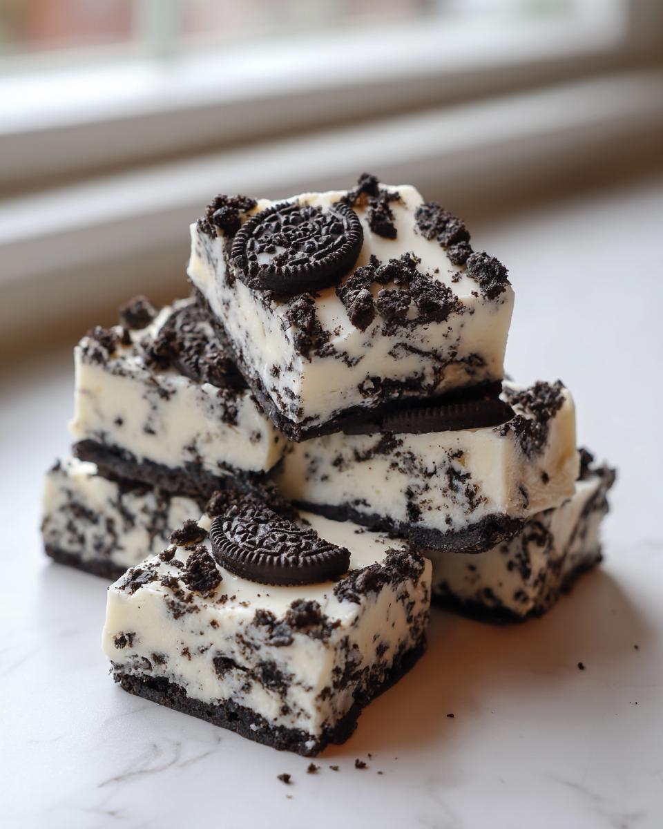 A stack of rich, white chocolate oreo fudge squares loaded with crushed cookies and topped with mini Oreo halves.