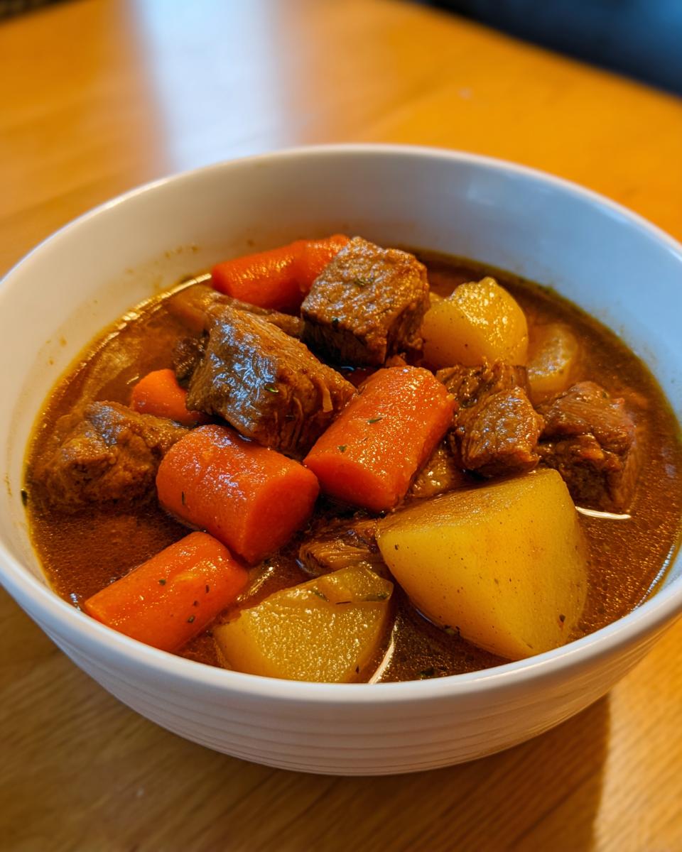Close-up of a white bowl filled with rich, savory pork stew featuring tender chunks of meat, carrots, and potatoes.