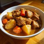 Close-up of a white bowl filled with rich, brown pork stew chunks, potatoes, and carrots.