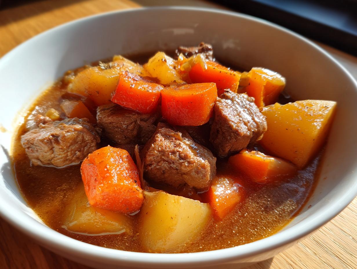 Close-up of tender chunks of pork stew with bright orange carrots and yellow potatoes in a rich brown broth.