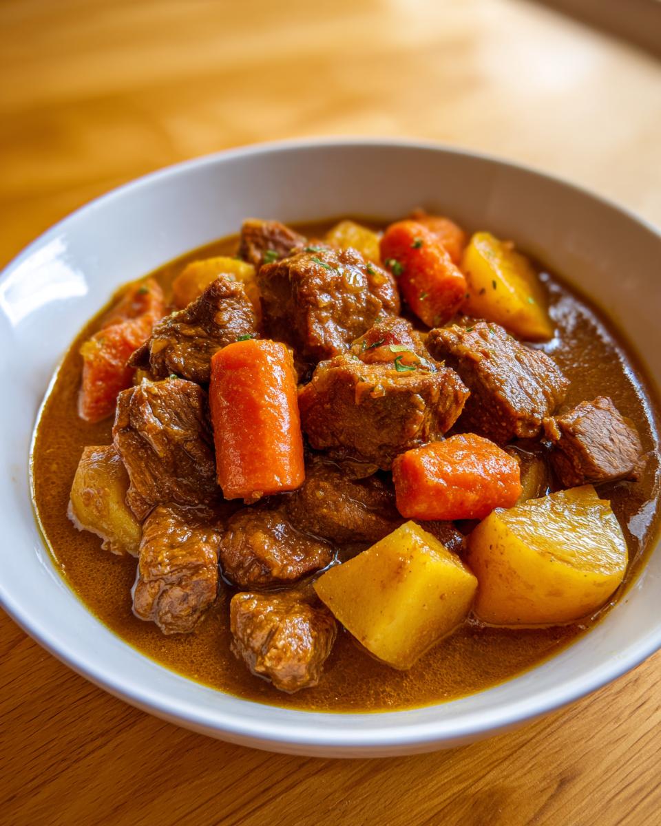 Close-up of tender chunks of pork stew with carrots and potatoes in a rich brown gravy.