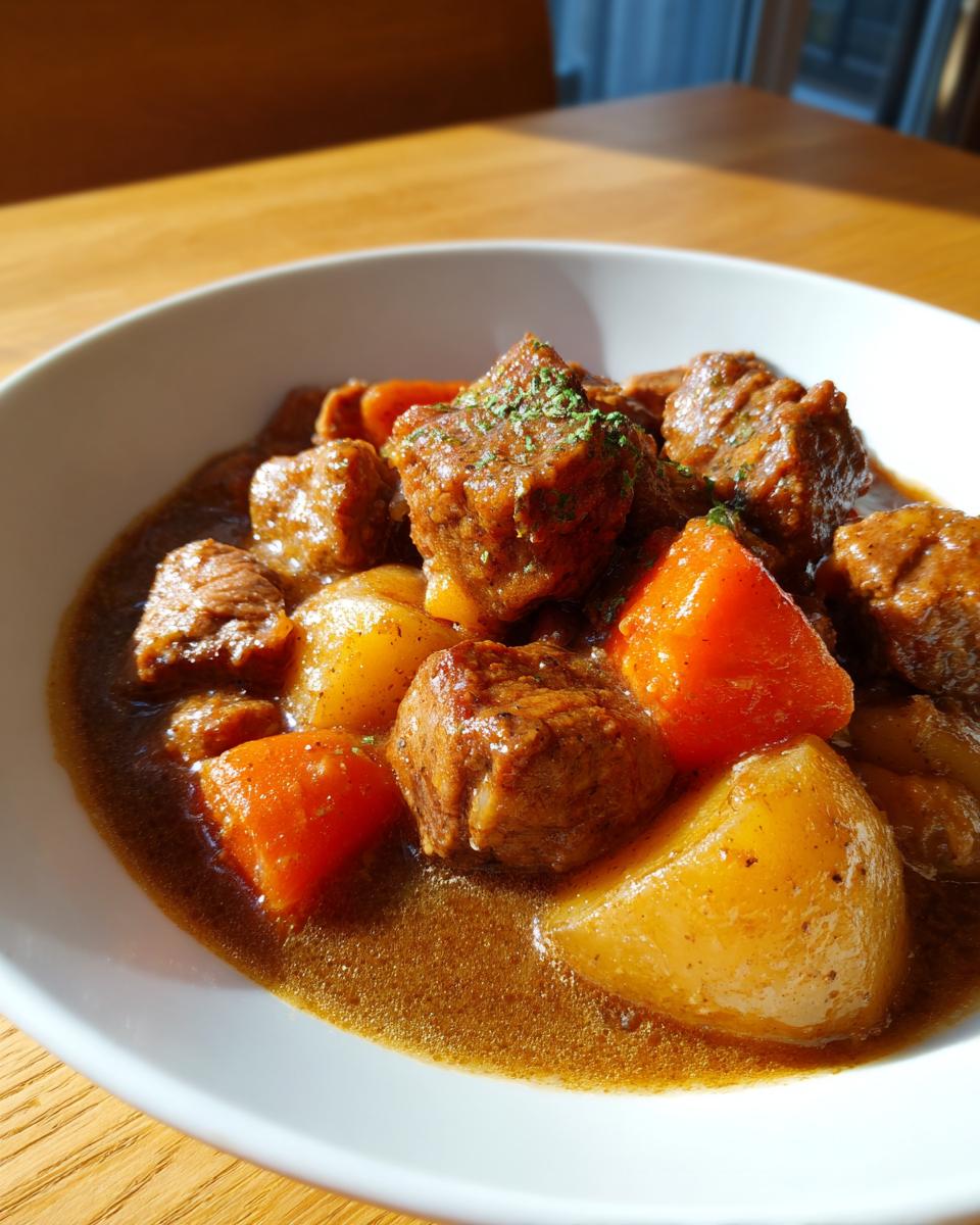 Close-up of tender chunks of pork stew with potatoes and carrots in a rich brown gravy.