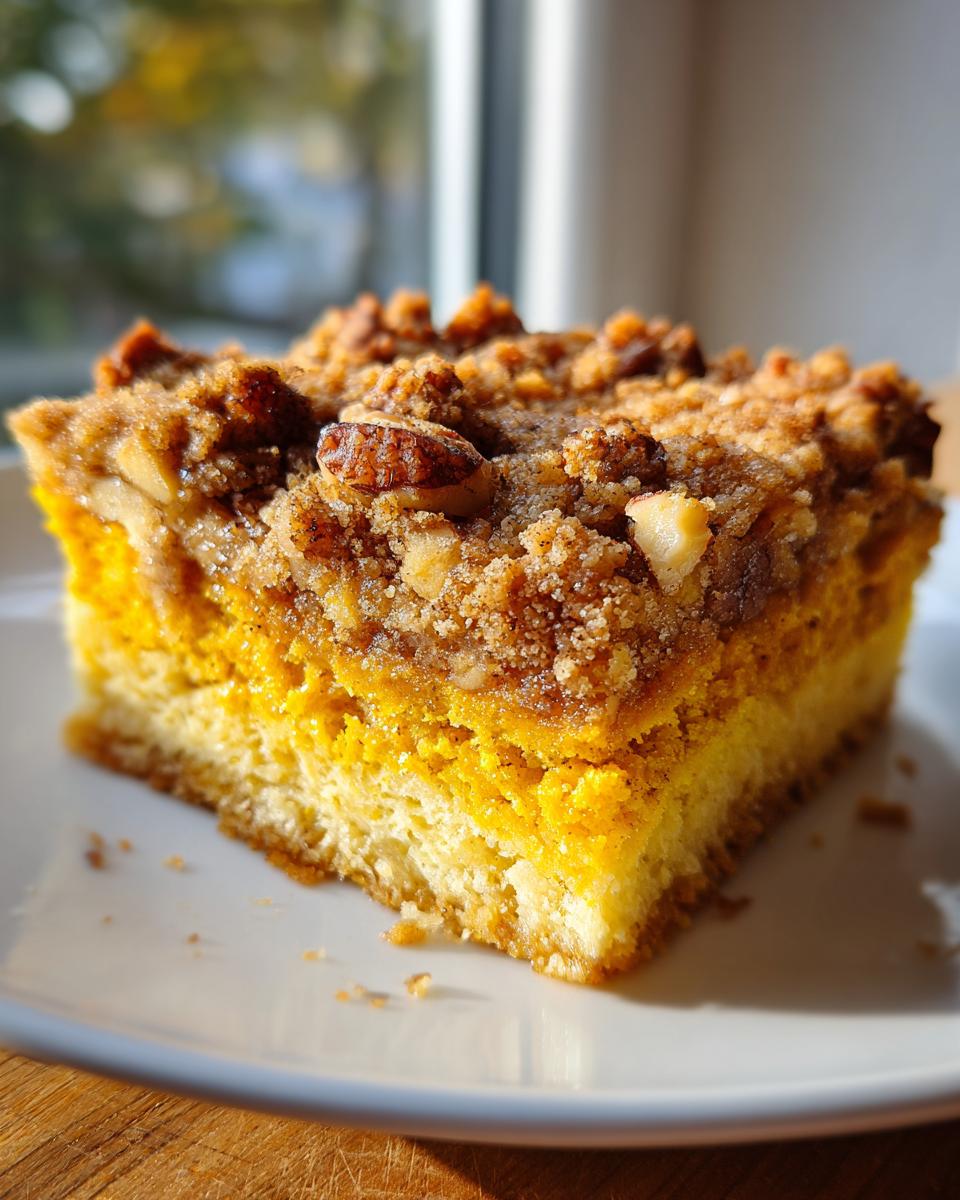 Close-up of a square slice of pumpkin crunch cake with a thick, crumbly pecan streusel topping.