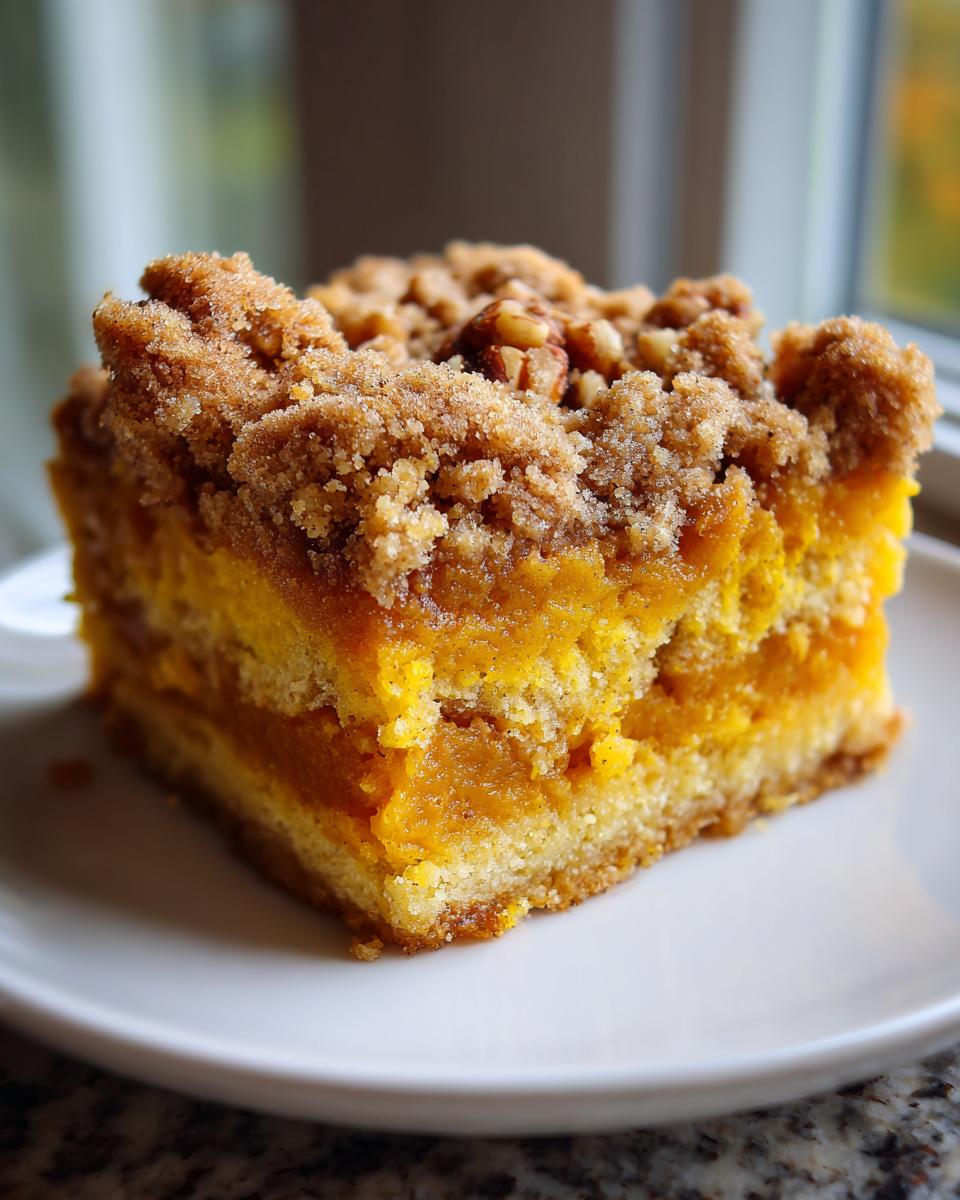 A close-up of a square slice of rich, layered pumpkin crunch dessert with a thick, crumbly streusel topping and walnuts.