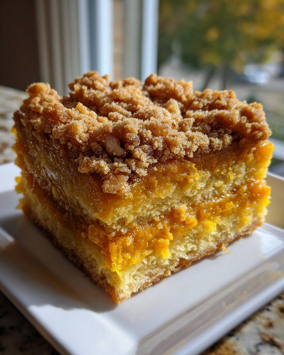 A close-up of a square slice of pumpkin crunch dessert featuring a moist yellow cake base, a layer of bright orange pumpkin filling, and a thick, sugary crumb topping.