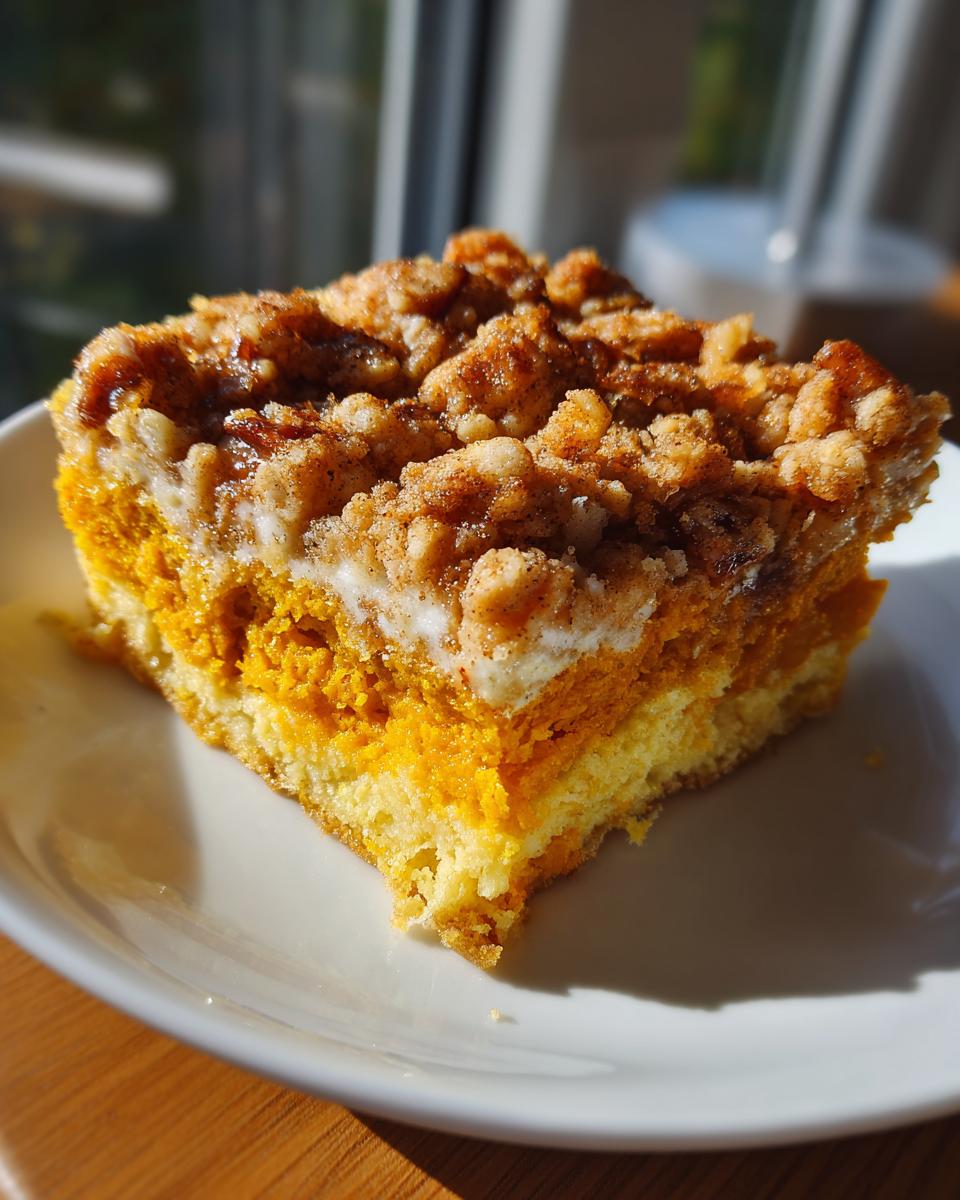 Close-up of a layered slice of pumpkin crunch dessert with a crumb topping on a white plate.