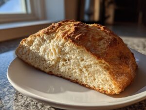 A close-up of a thick slice of homemade soda bread showing its light, airy crumb and golden brown crust.