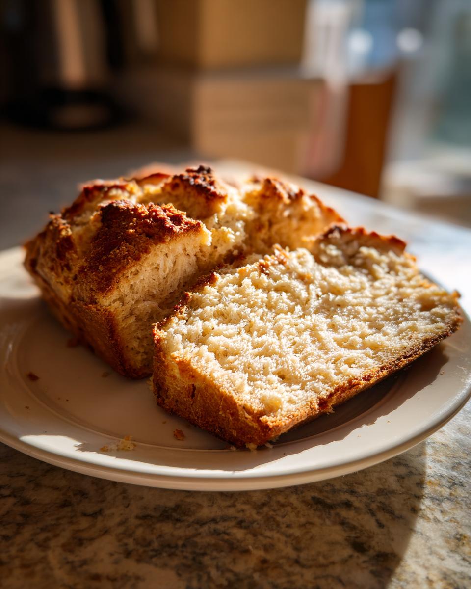 Close-up of freshly baked soda bread, sliced, showing a golden crust and soft interior, sitting on a white plate.