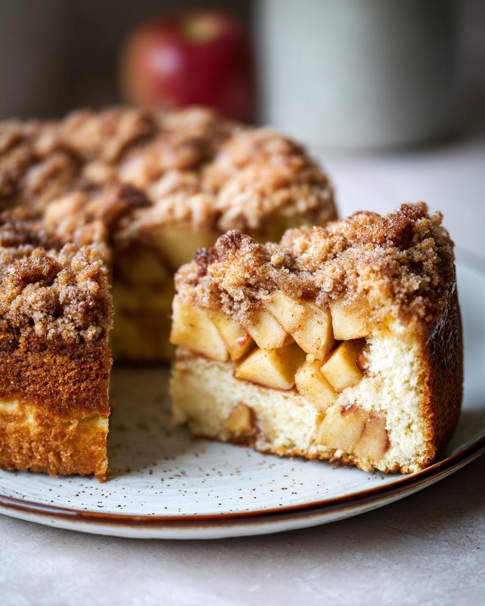A thick slice of moist apple crumb cake showing layers of tender cake, chunky spiced apples, and a sugary cinnamon crumb topping.