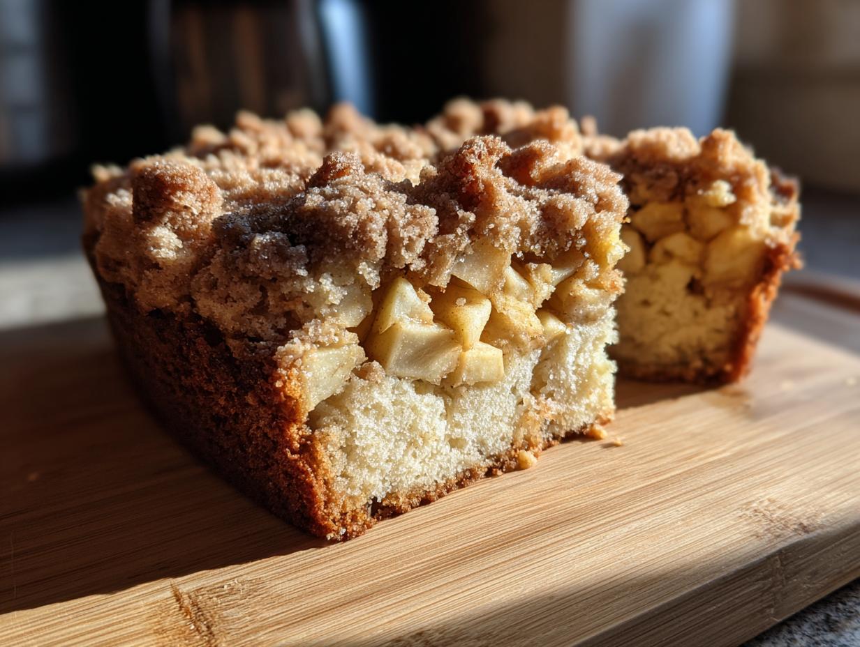 A close-up view of a thick slice of apple crumb cake showing chunks of apple filling and a generous cinnamon streusel topping.