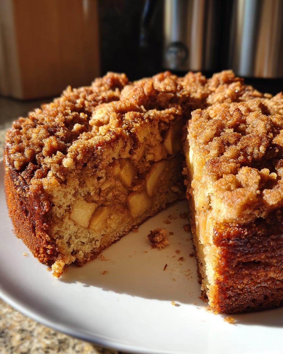 A freshly baked apple crumb cake with a slice cut out, revealing soft cake layers and chunks of apple filling.