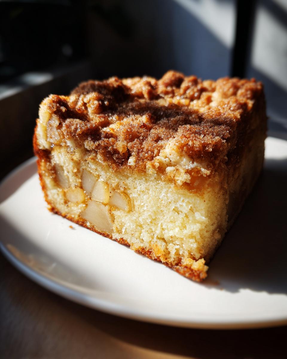 A close-up, sunlit slice of moist apple crumb cake showing chunks of apple baked into the light cake base and a thick cinnamon streusel topping.