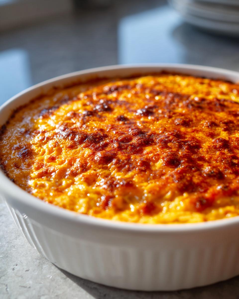 Close-up of hot, baked chili cheese dip with a bubbly, golden-brown, and slightly charred top in a white ramekin.