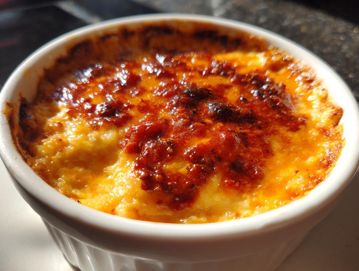 Close-up of a baked chili cheese dip in a white ramekin, showing a bubbly, browned, and cheesy top layer.
