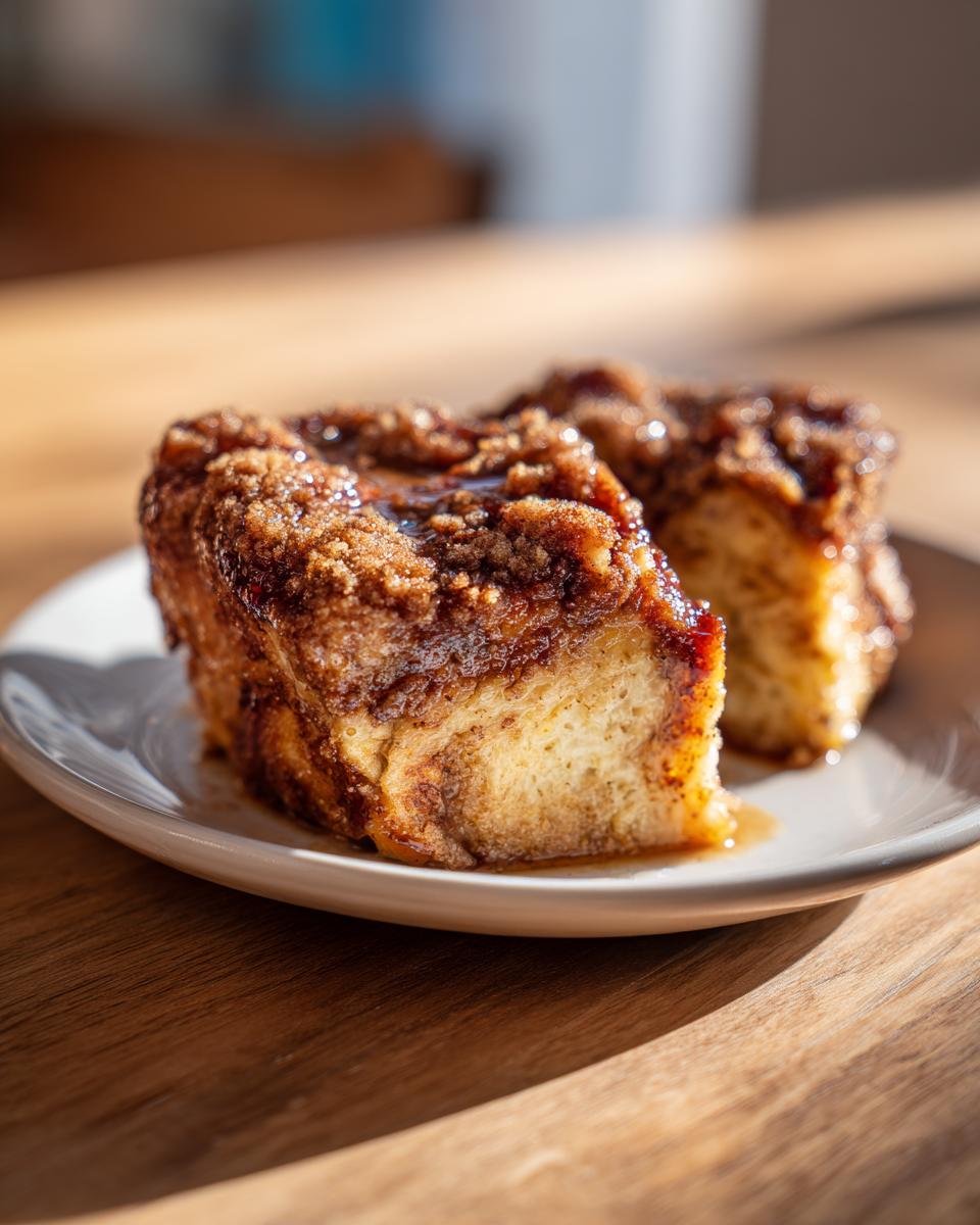 Two squares of rich baked french toast topped with a thick, gooey cinnamon streusel topping.