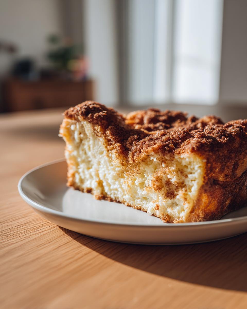 A close-up of a thick slice of baked french toast with a rich cinnamon streusel topping served on a small white plate.
