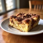 A close-up of a square slice of baked french toast topped with rich cinnamon streusel, served on a white plate.