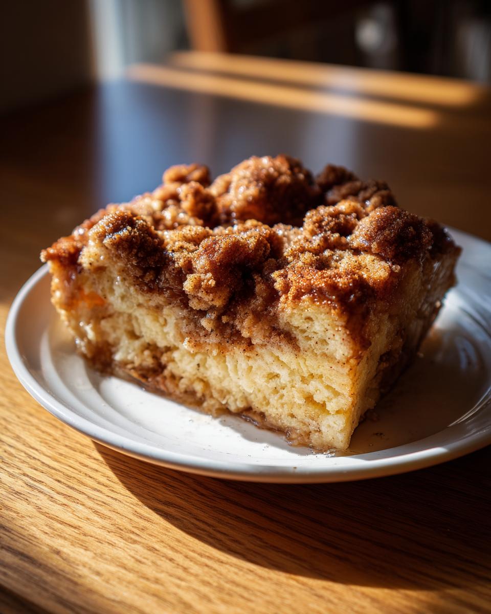 A close-up of a square slice of baked french toast topped with brown sugar cinnamon crumble.