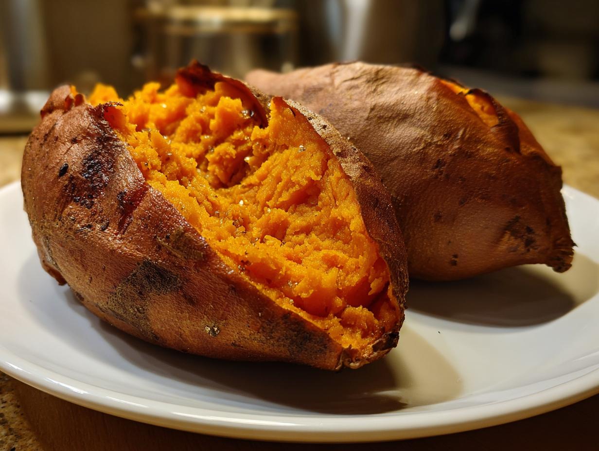 Two perfectly baked sweet potatoes, one split open revealing fluffy orange flesh, ready to eat.