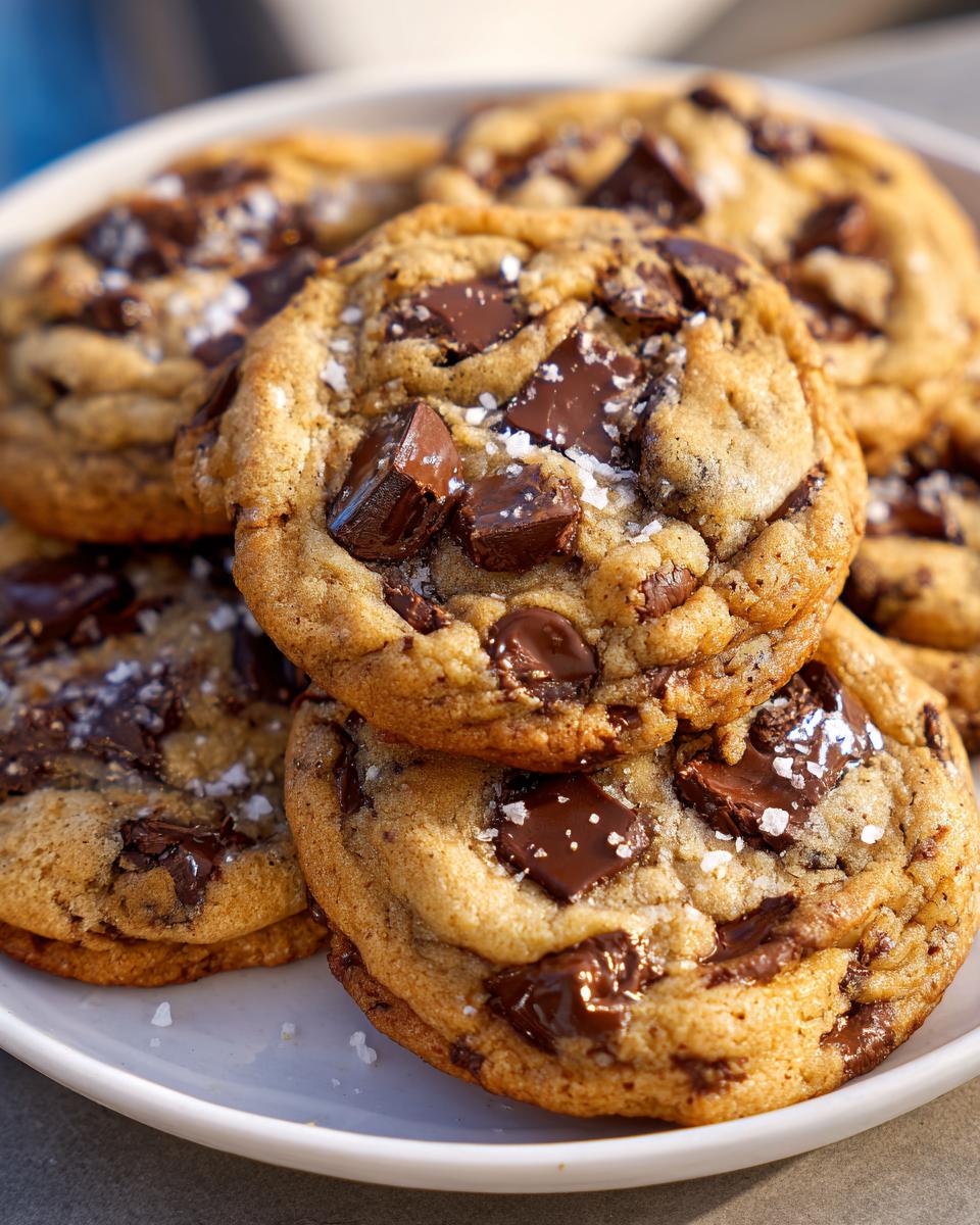 Close-up of several gooey, thick chocolate chip cookie stacks topped with melted chocolate chunks and flaky sea salt.