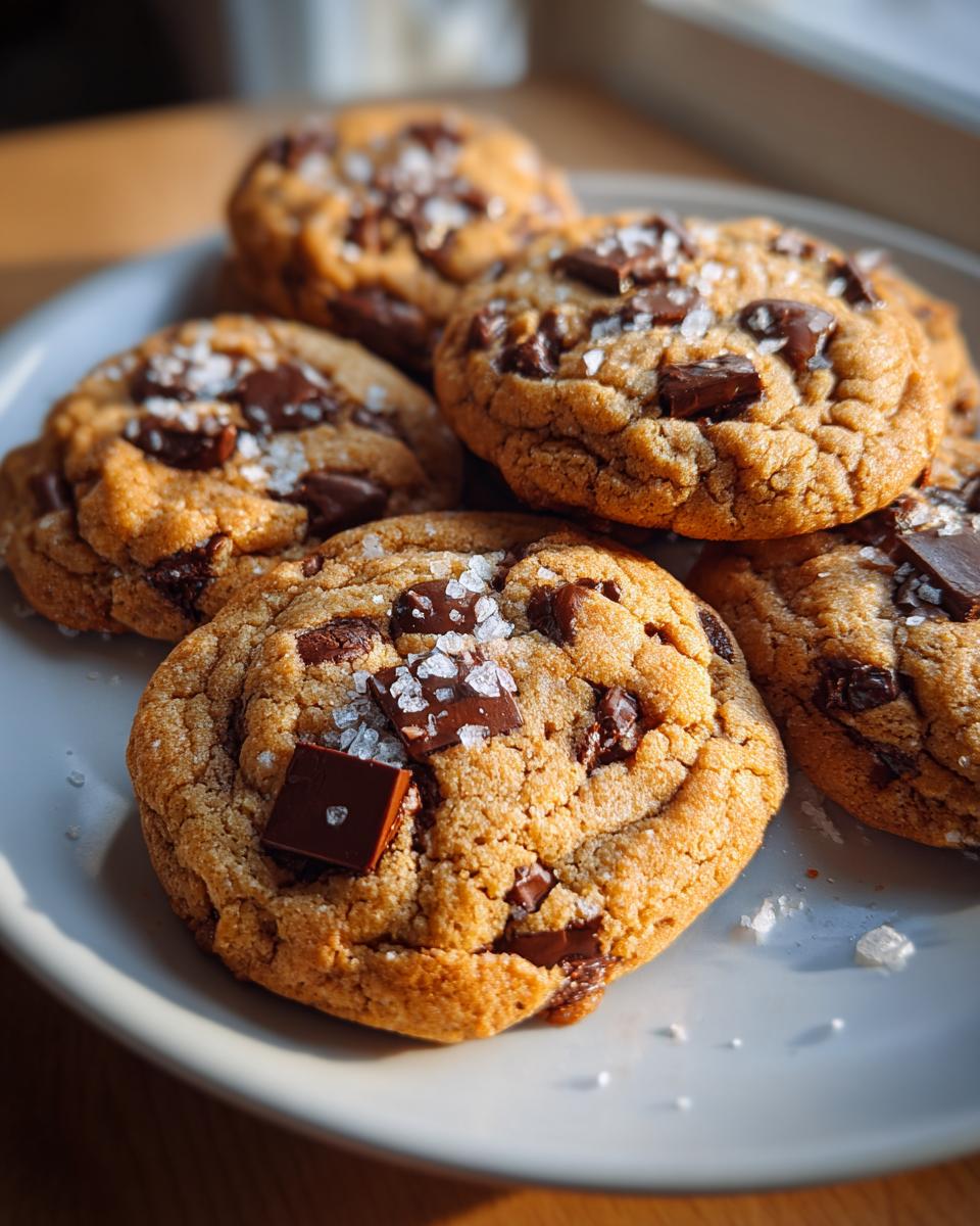 Close-up of several golden brown chocolate chip cookie rounds topped with flaky sea salt.