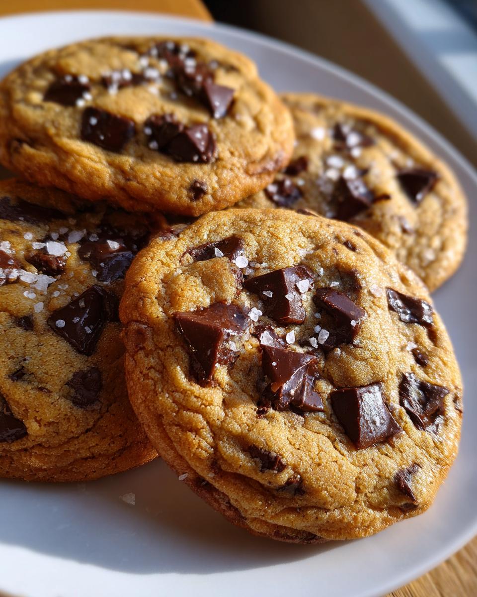 Four freshly baked chocolate chip cookie rounds topped with large chunks of dark chocolate and flaky sea salt.