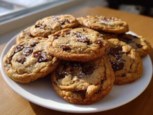 A stack of freshly baked chocolate chip cookie treats, topped with flaky sea salt, sitting on a white plate.