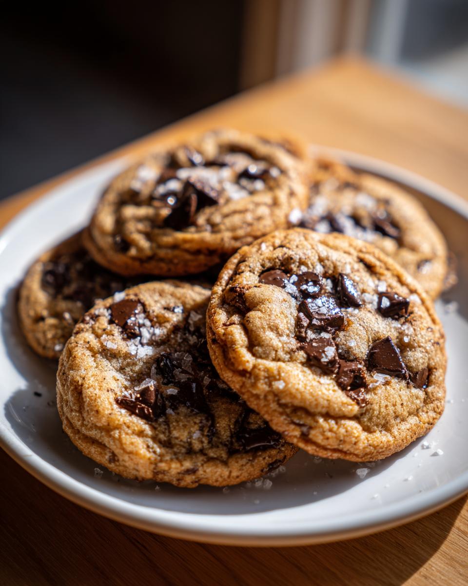 A stack of freshly baked chocolate chip cookie rounds sprinkled with flaky sea salt.