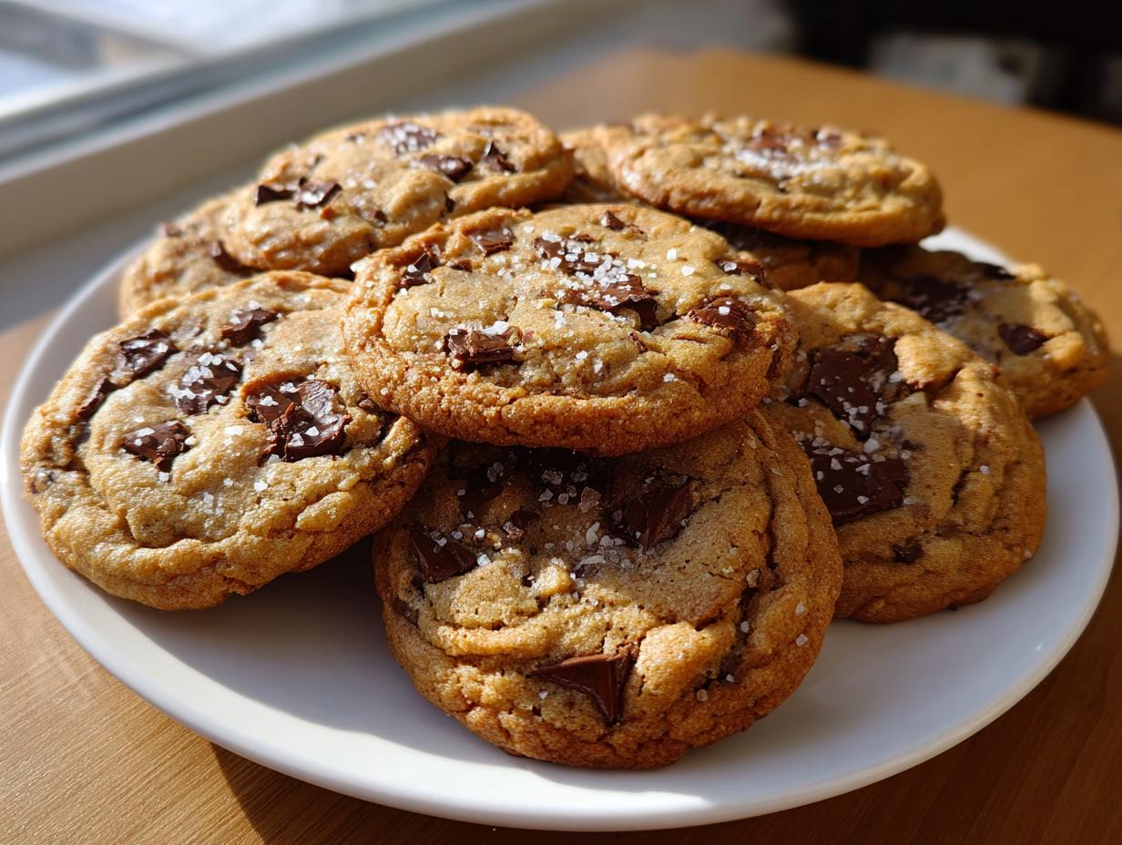 A stack of freshly baked chocolate chip cookie treats, topped with flaky sea salt, sitting on a white plate.