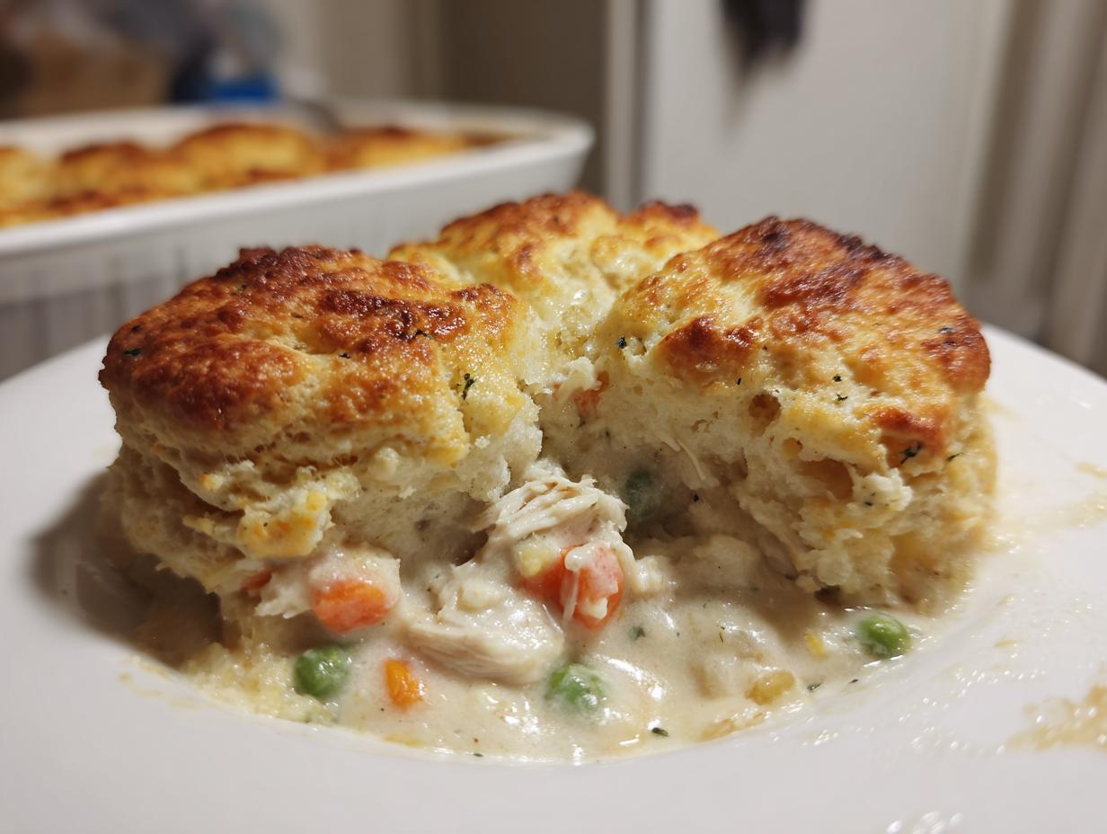 Close-up of a serving of chicken pot pie casserole with creamy filling, chicken, peas, and carrots, topped with a golden biscuit.