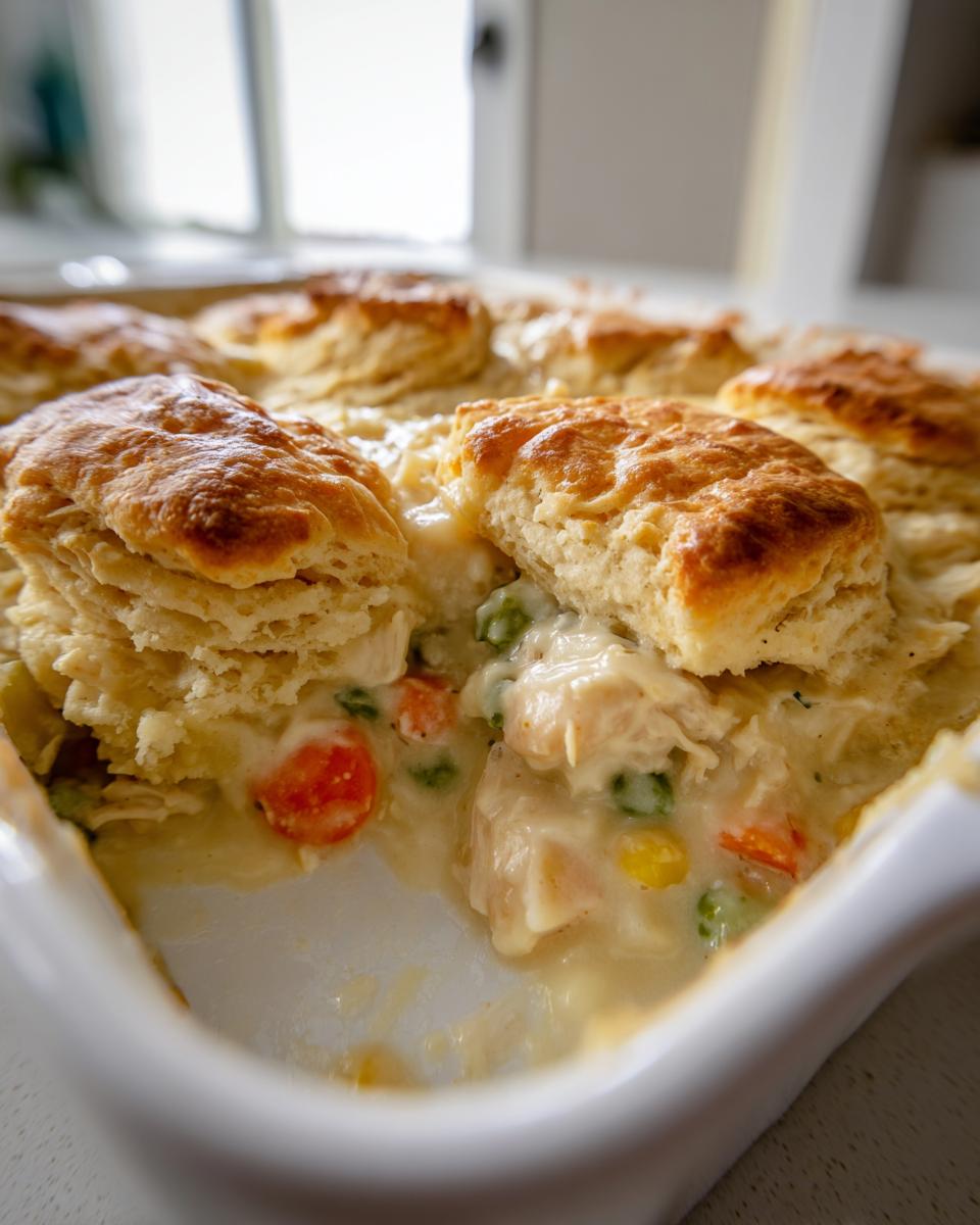 A scoop has been taken from the creamy chicken pot pie casserole, revealing chunks of chicken, carrots, and peas under golden biscuits.