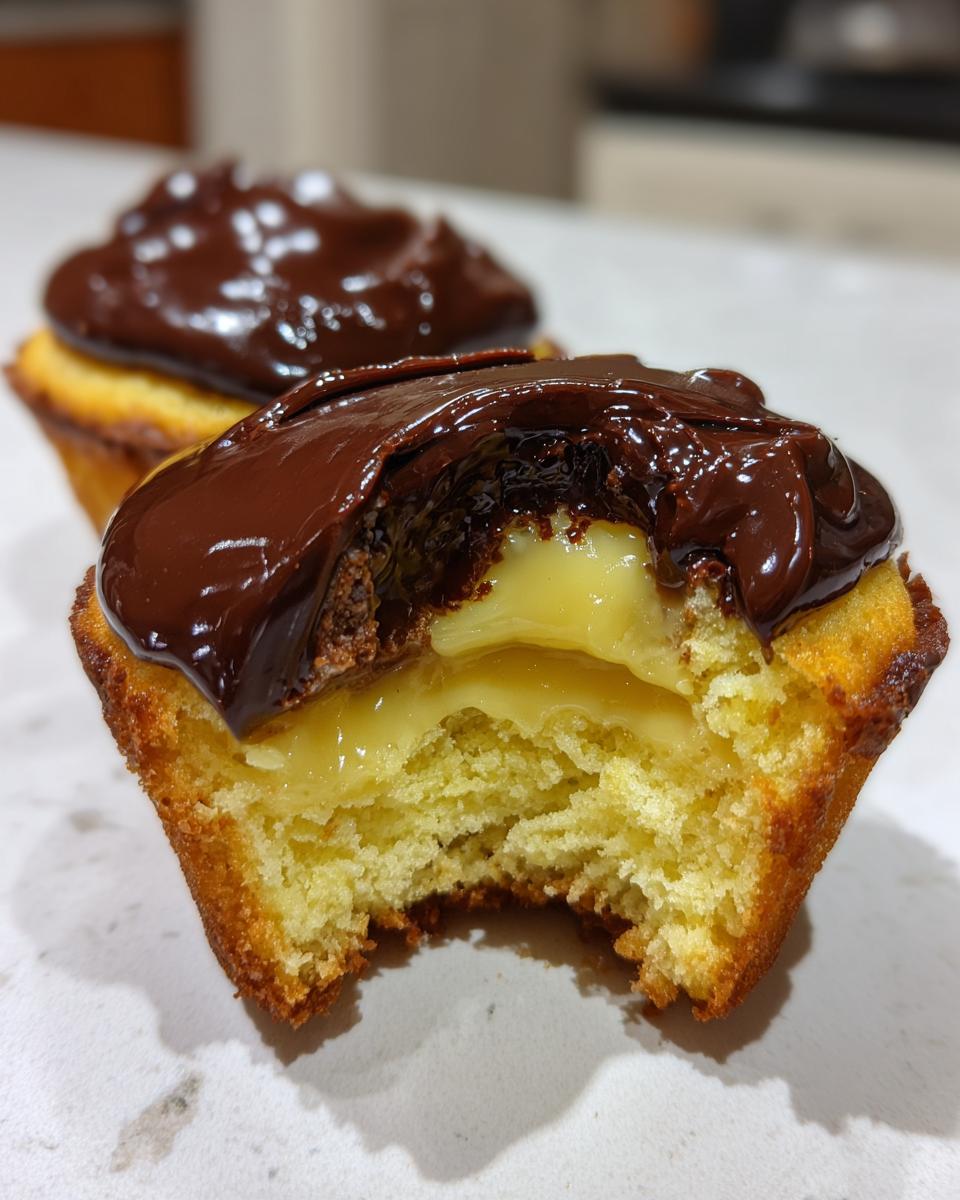 A close-up of a boston cream pie cupcake with a bite taken out, revealing creamy yellow filling and rich chocolate frosting.