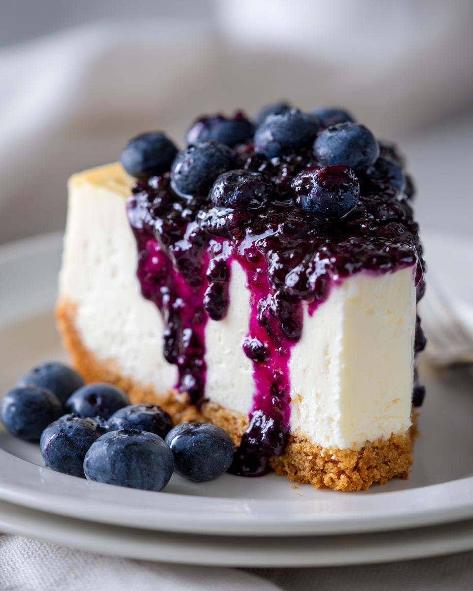 A decadent slice of creamy blueberry cheesecake topped with rich blueberry sauce and fresh blueberries.