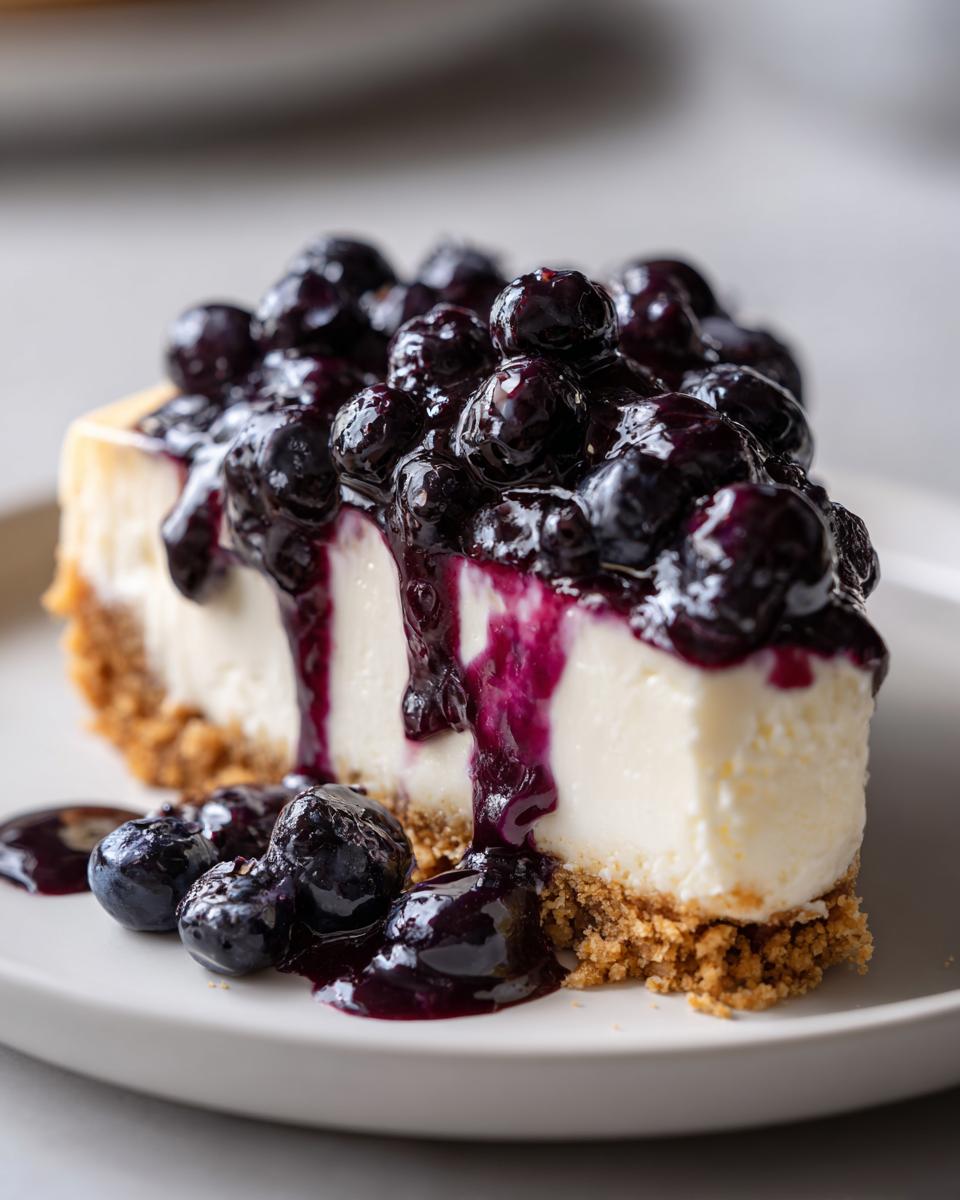 Close-up of a creamy slice of blueberry cheesecake topped with rich blueberry compote.