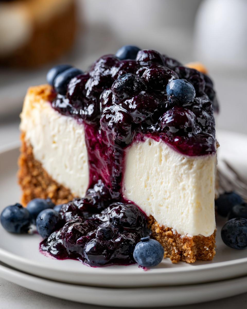 A decadent slice of creamy blueberry cheesecake topped with rich blueberry sauce and fresh blueberries.
