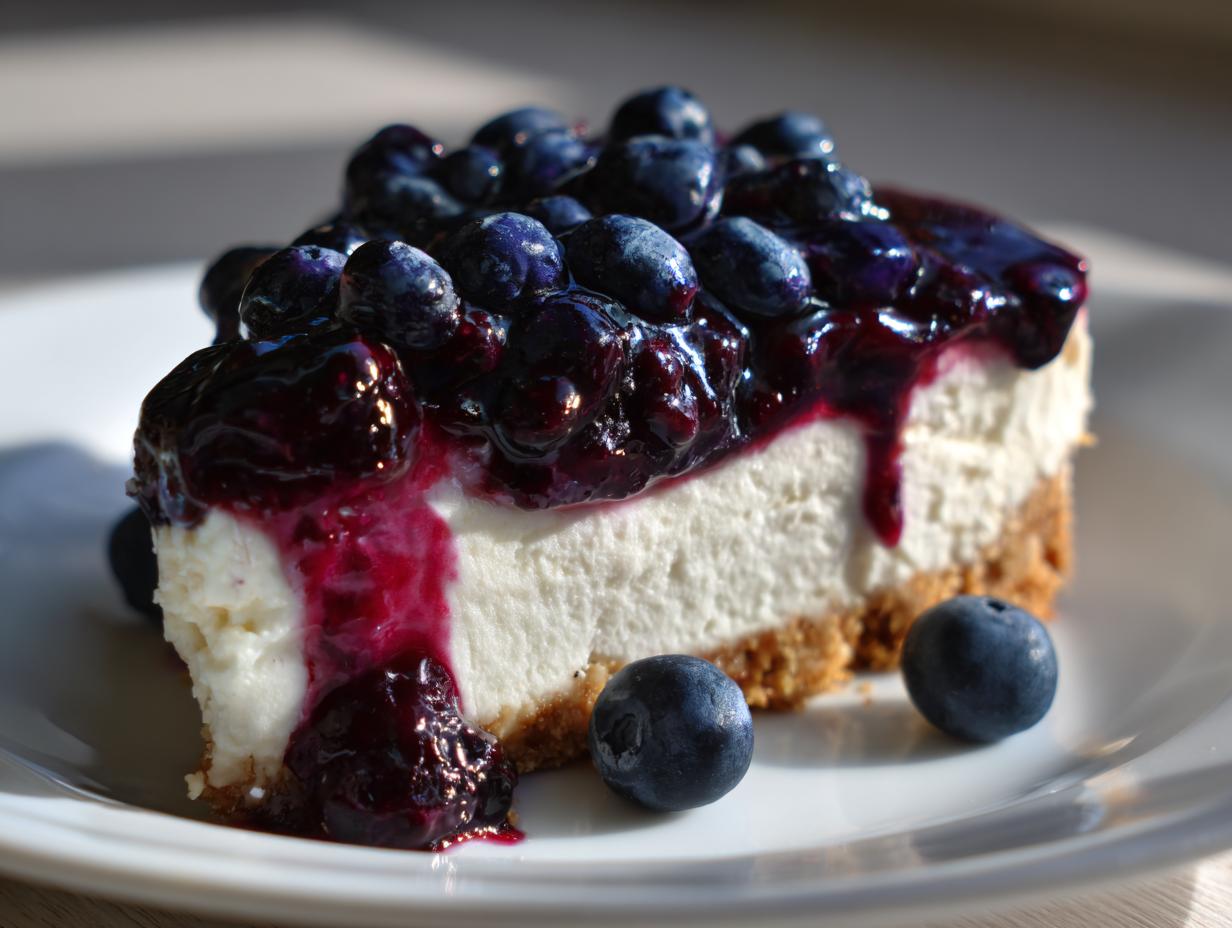 A close-up of a rich slice of blueberry cheesecake with a thick graham cracker crust and dripping blueberry topping.