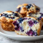 Close-up of a blueberry cream cheese muffins, showing the moist interior packed with blueberries.