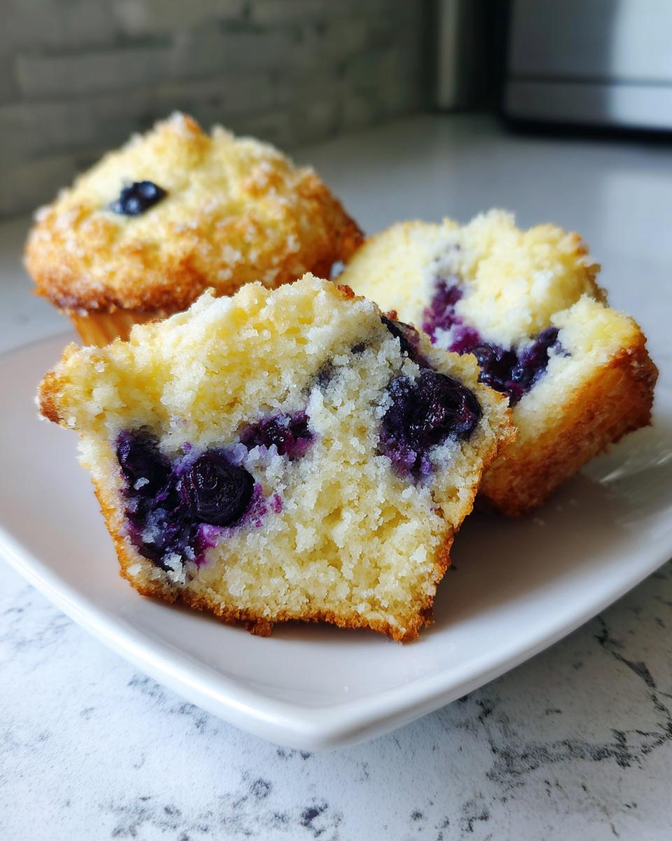 Close-up of a blueberry cream cheese muffin cut in half, showing the moist interior and purple blueberries.