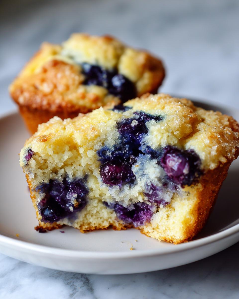 Close-up of a blueberry cream cheese muffins cut in half showing the moist interior and fresh blueberries.