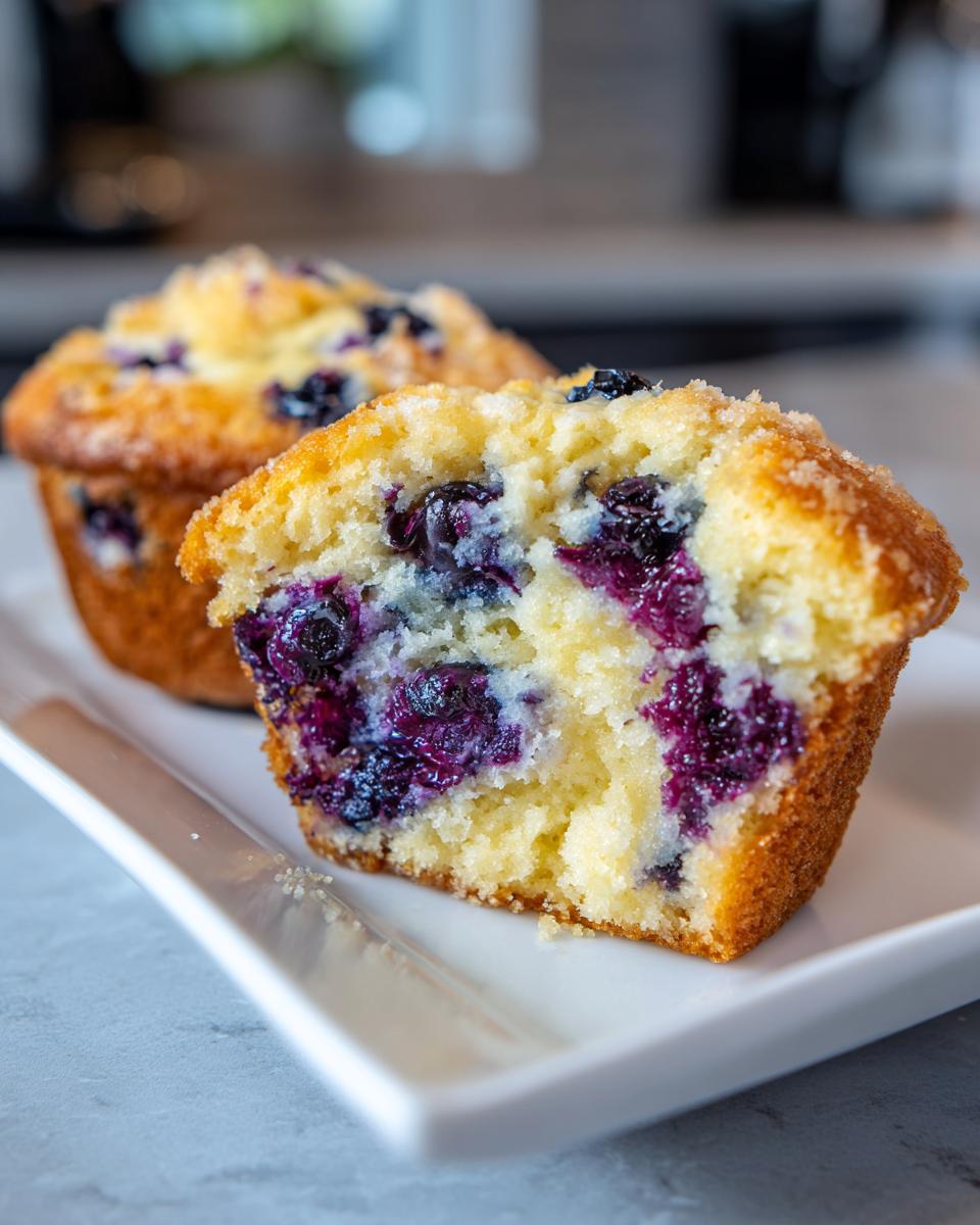 Cross-section of a moist blueberry cream cheese muffins showing rich purple berries inside a golden crumb.