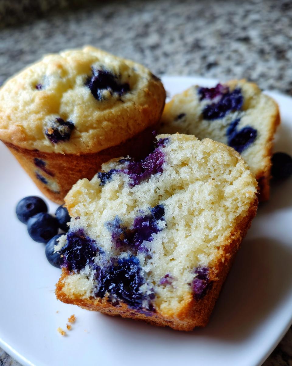 Close-up of moist blueberry cream cheese muffins, one cut in half showing the fluffy interior and blueberries.